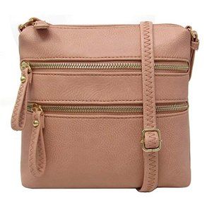 Pink Multi-Pocket Double Zipper Purse Crossbody